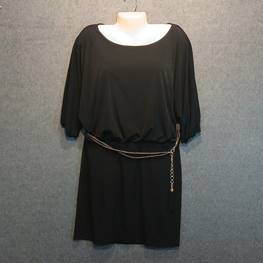 size 6 half sleeve tunic dress with gold crin belt chic goth boho classic 80s